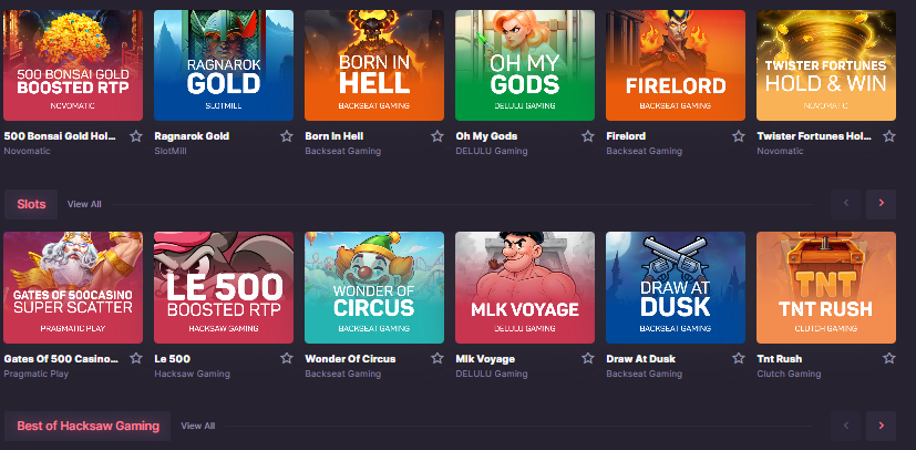 CSGO500 casino lobby showing a wide selection of games