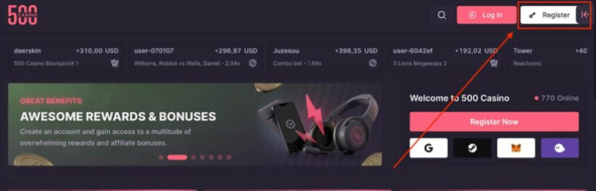CSGO500 homepage with the Register button