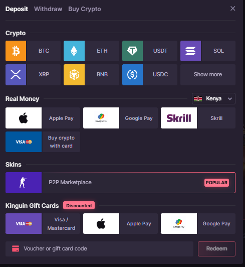 CSGO500 payment screen showing available payment options
