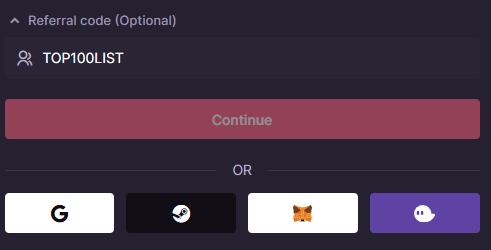 CSGO500 bonus code field showing TOP100LIST